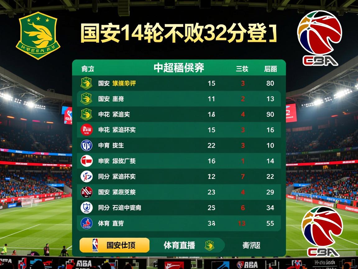 中超积分榜：国安14轮不败32分登顶 申花同分紧追不舍  第2张